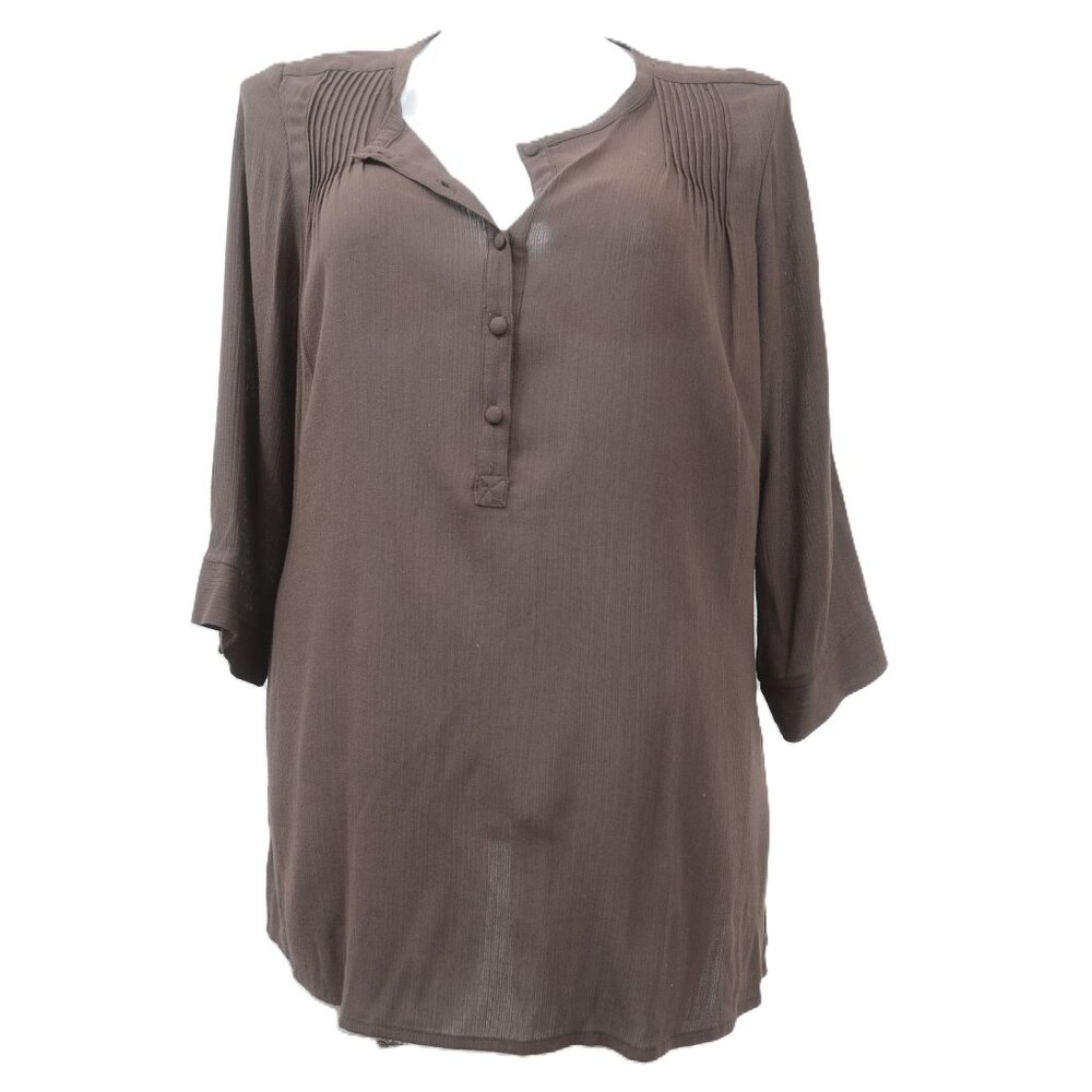 Avenue PLUS Size 18/20 Brown Button Up 3/4 Sleeves Tunic Blouse Shirt Minimalist